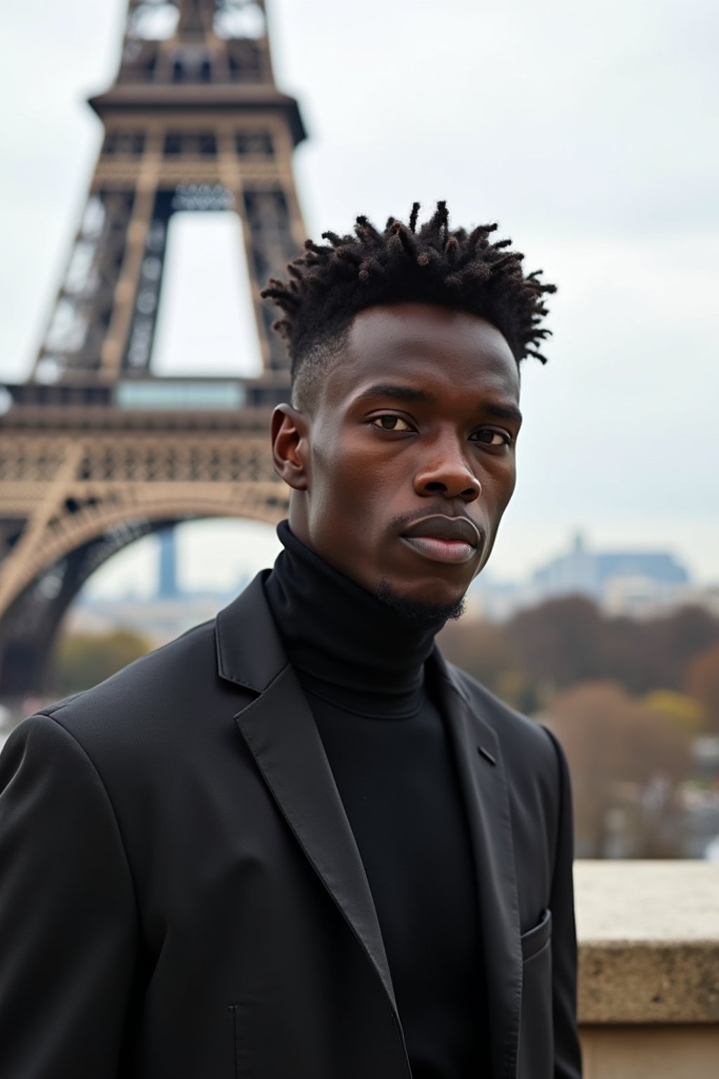 man in Paris with the Eiffel Tower in background