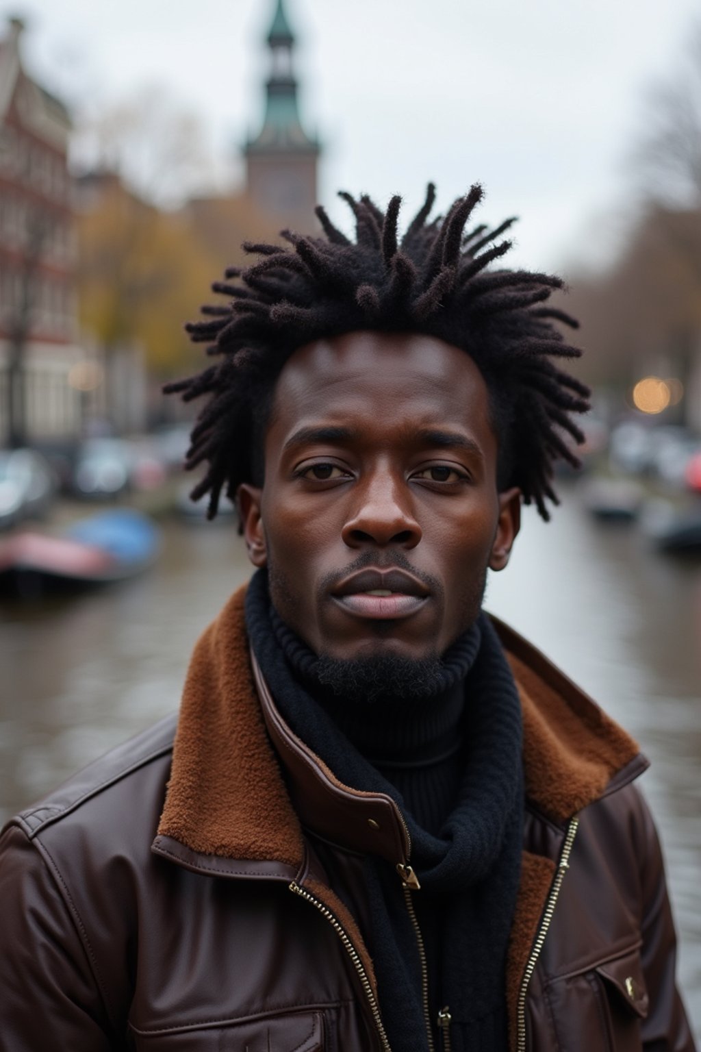 man in Amsterdam with the Amsterdam Canals in background