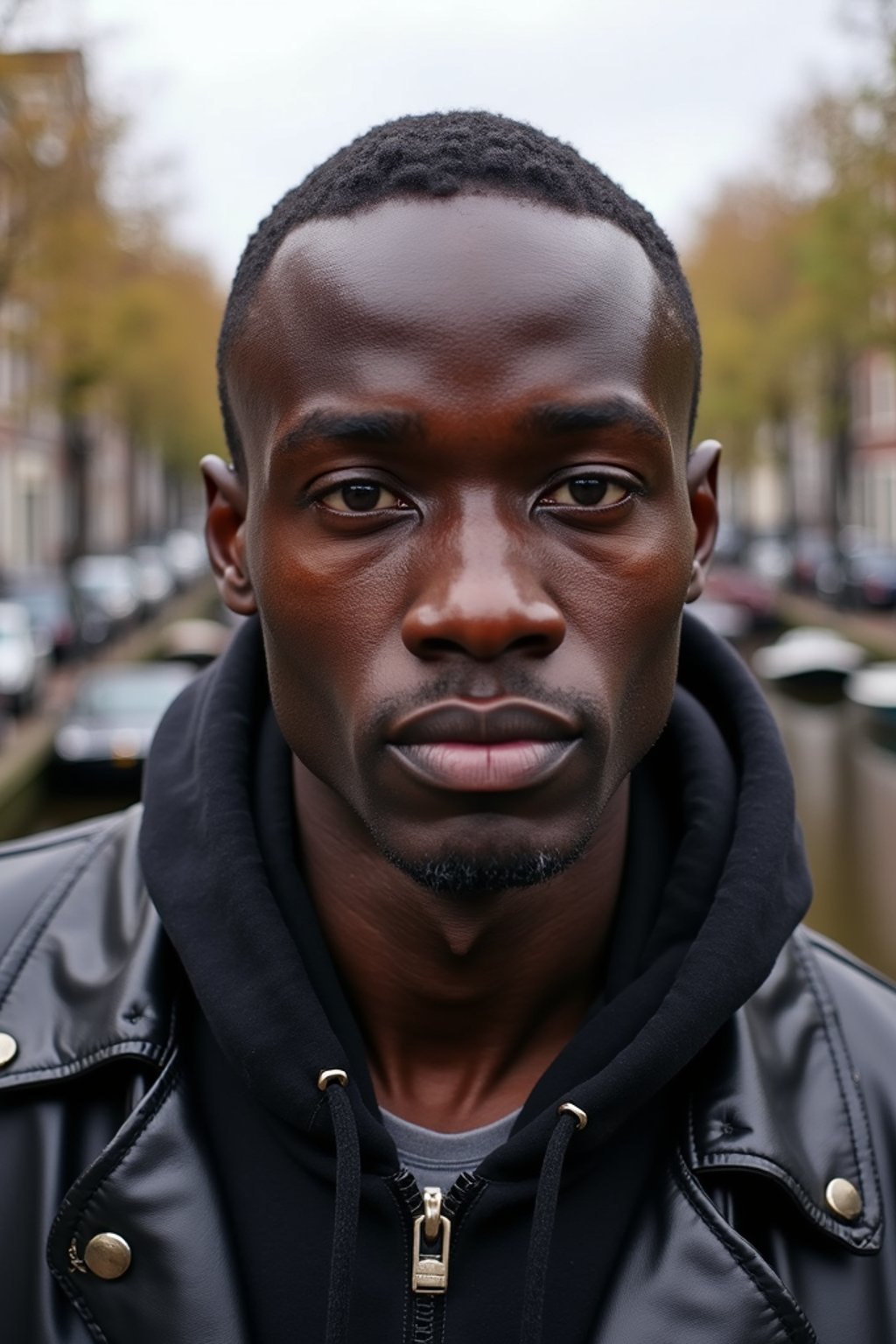 man in Amsterdam with the Amsterdam Canals in background