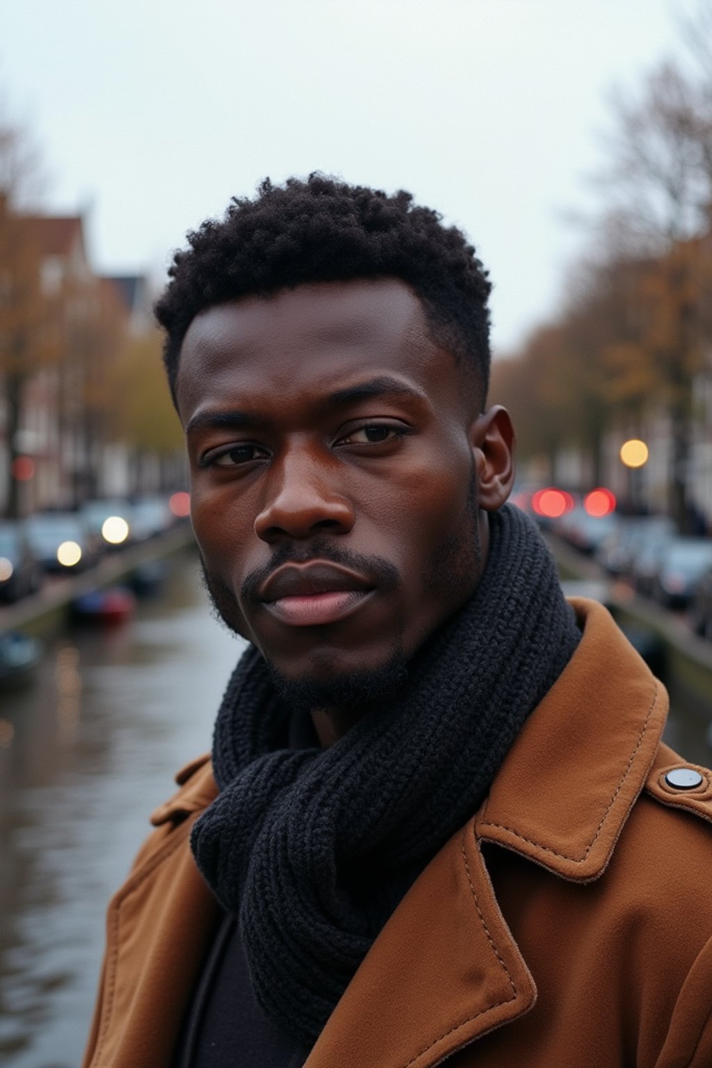 man in Amsterdam with the Amsterdam Canals in background