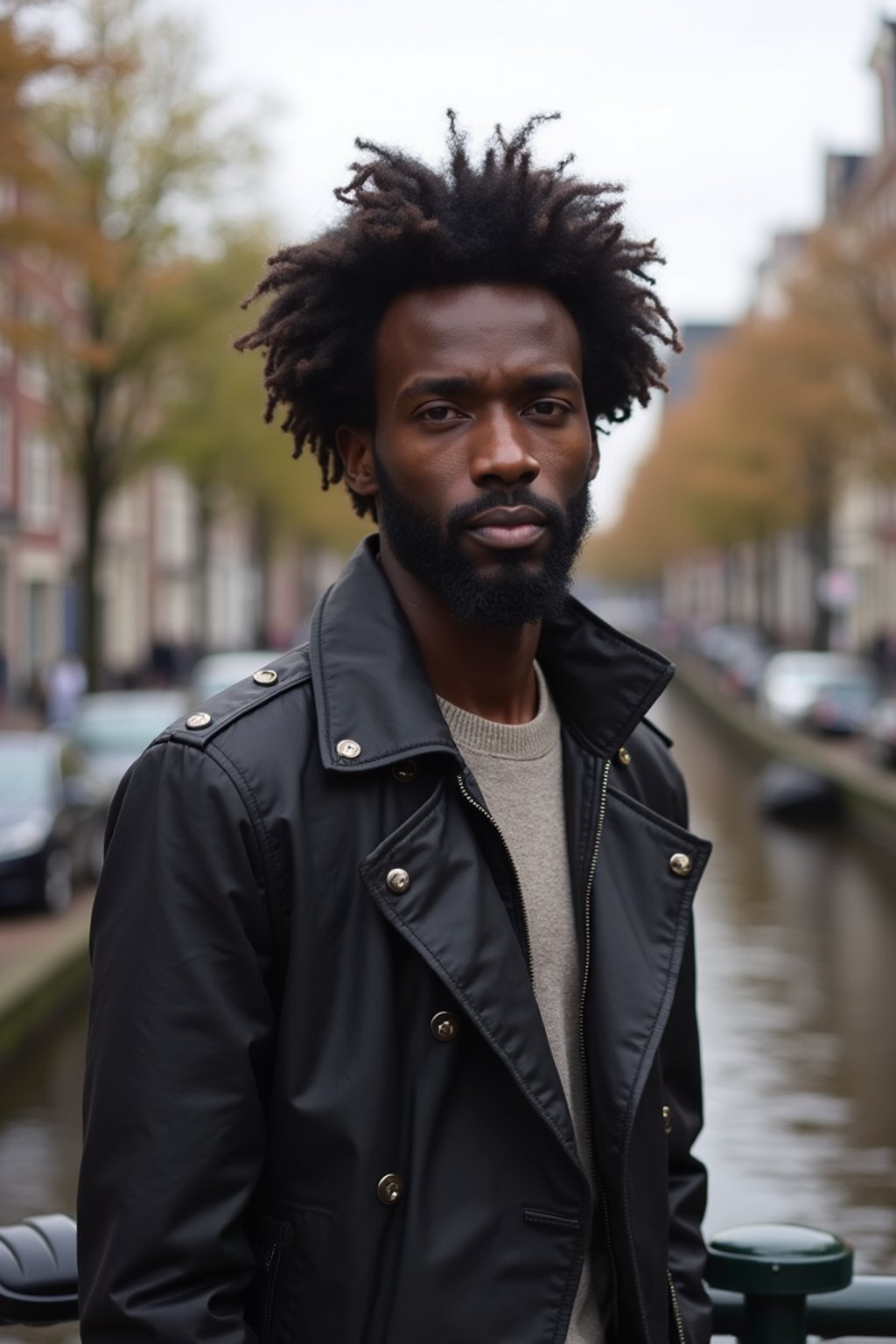 man in Amsterdam with the Amsterdam Canals in background