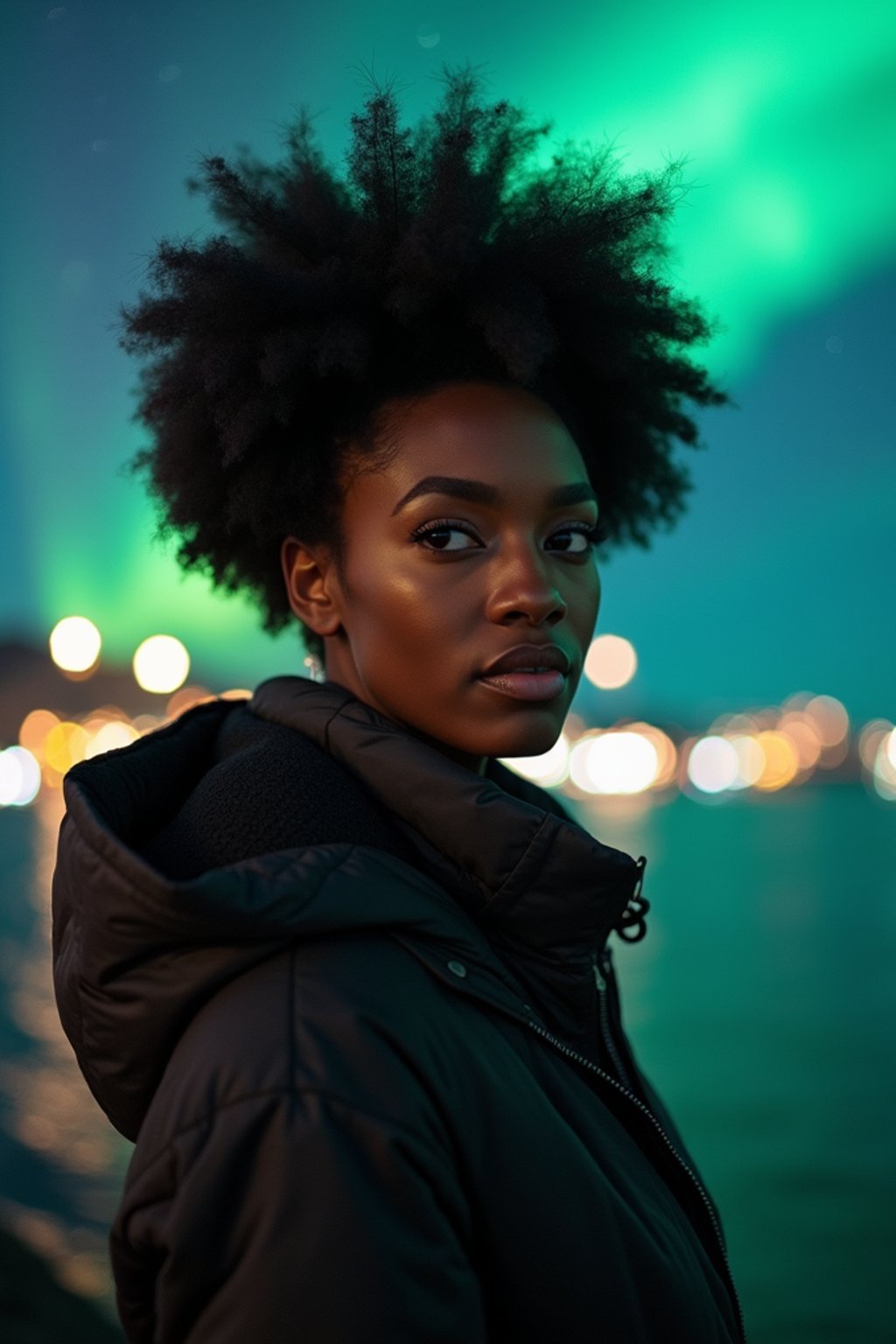 woman in Reykjavik with the Northern Lights in the background