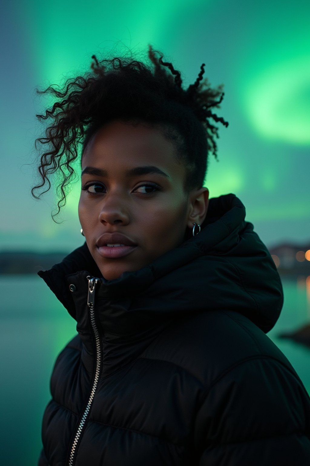 woman in Reykjavik with the Northern Lights in the background