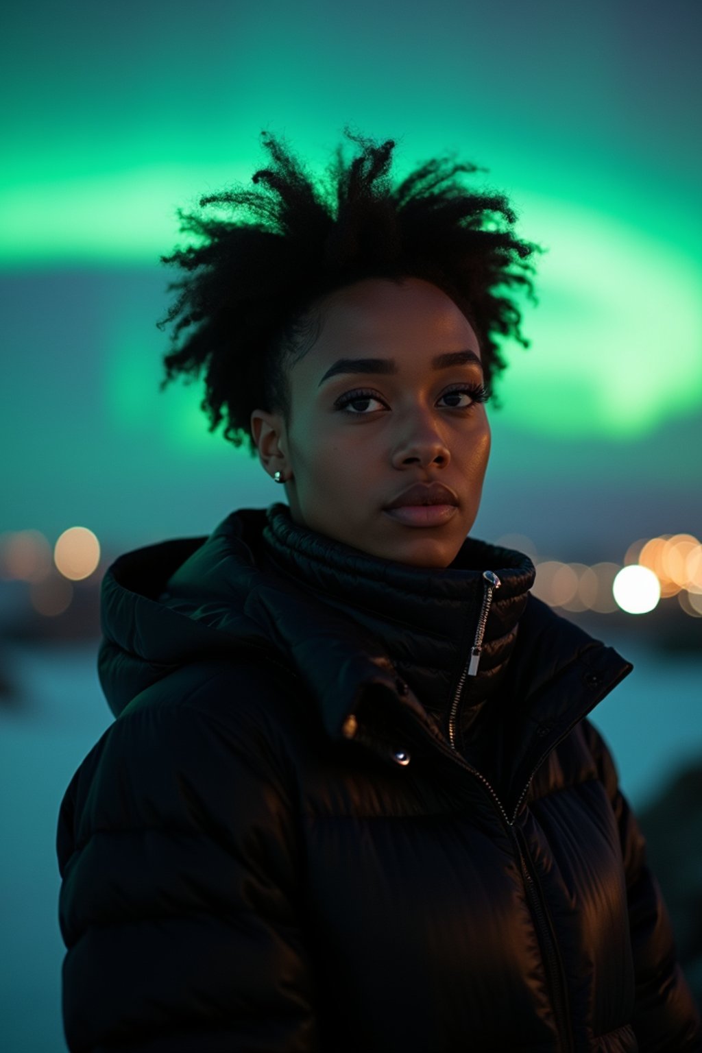 woman in Reykjavik with the Northern Lights in the background