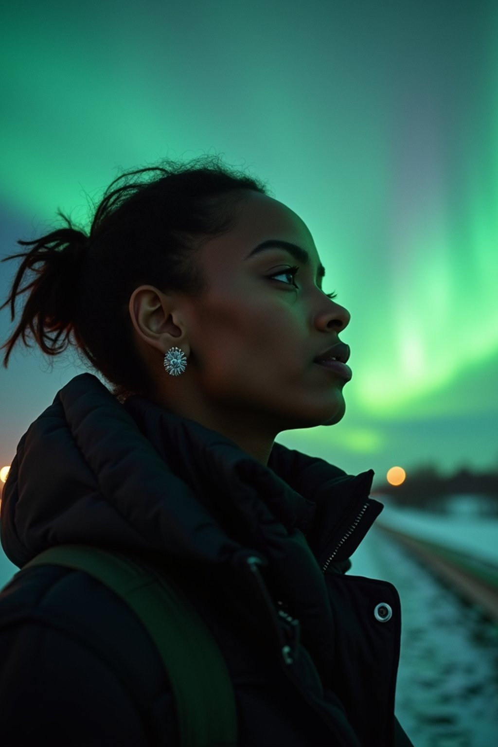 woman in Reykjavik with the Northern Lights in the background