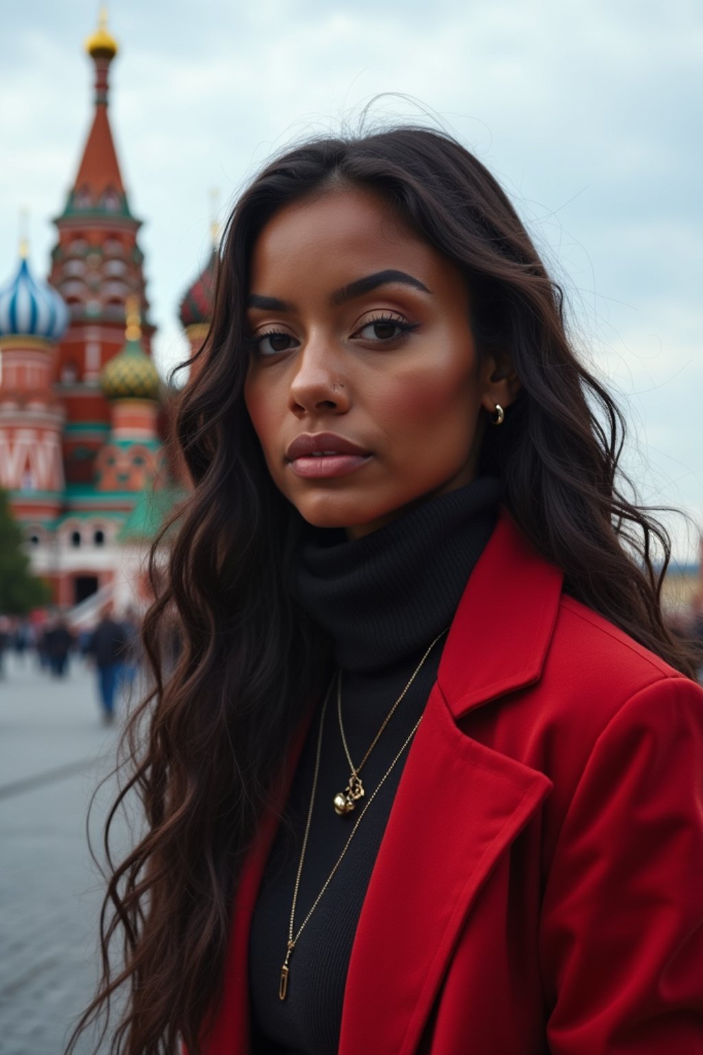 woman in Moscow with the Kremlin in the background