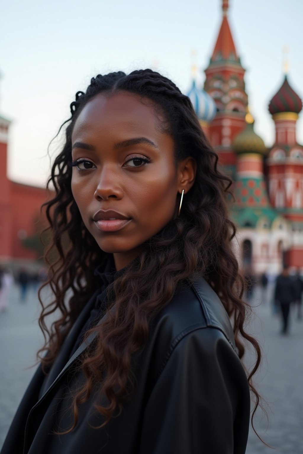 woman in Moscow with the Kremlin in the background