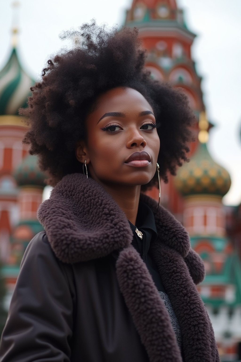 woman in Moscow with the Kremlin in the background