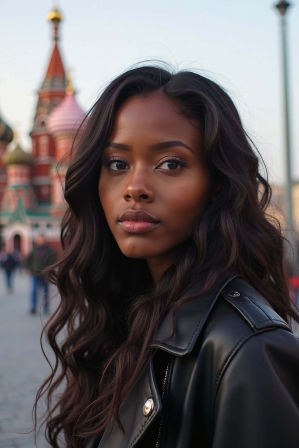 woman in Moscow with the Kremlin in the background