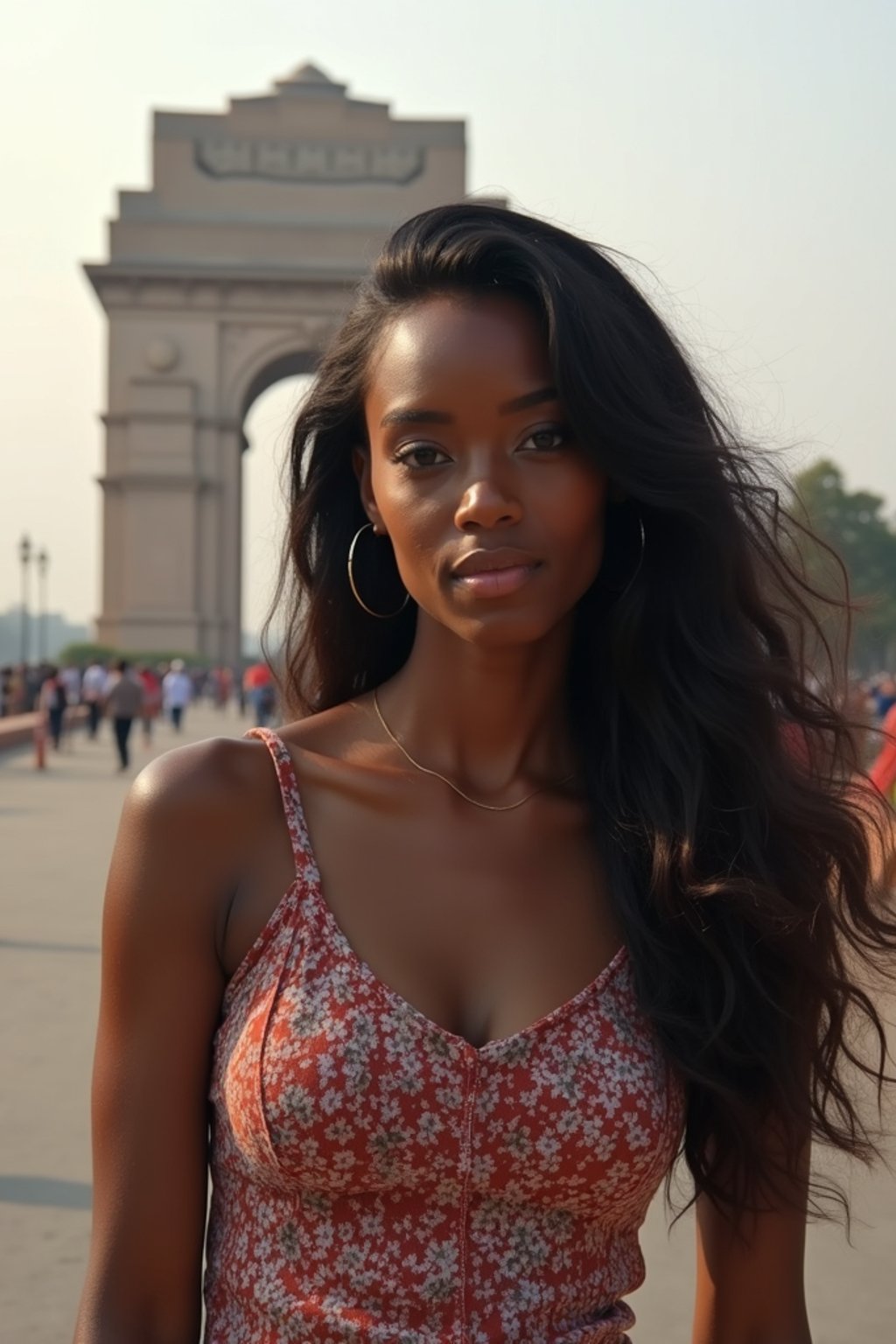 woman in Delhi with the India Gate in the background