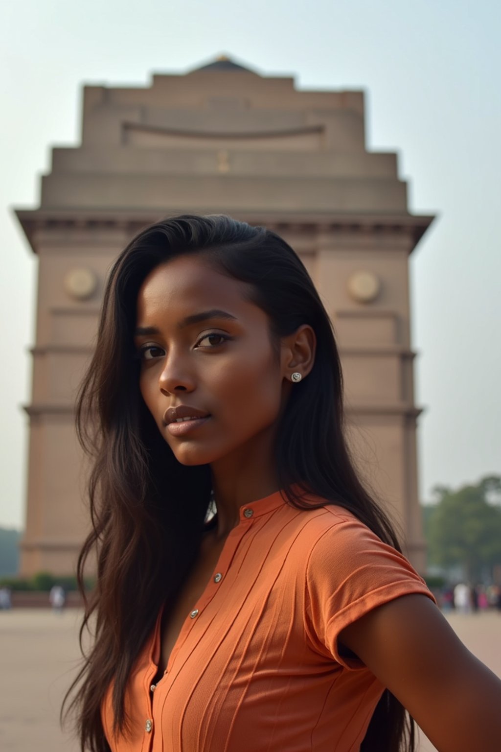 woman in Delhi with the India Gate in the background