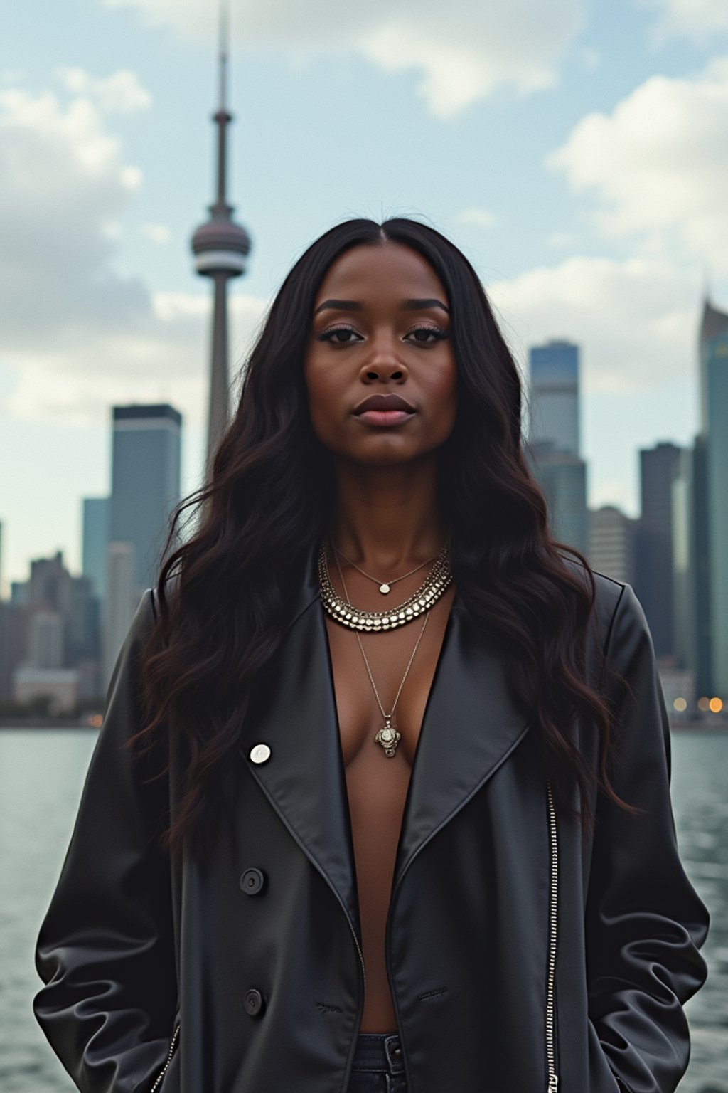 woman in Toronto with the CN Tower in the background