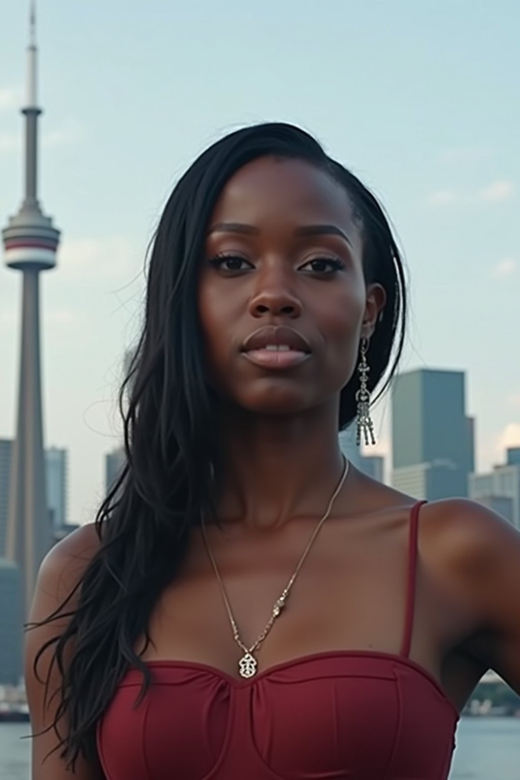 woman in Toronto with the CN Tower in the background