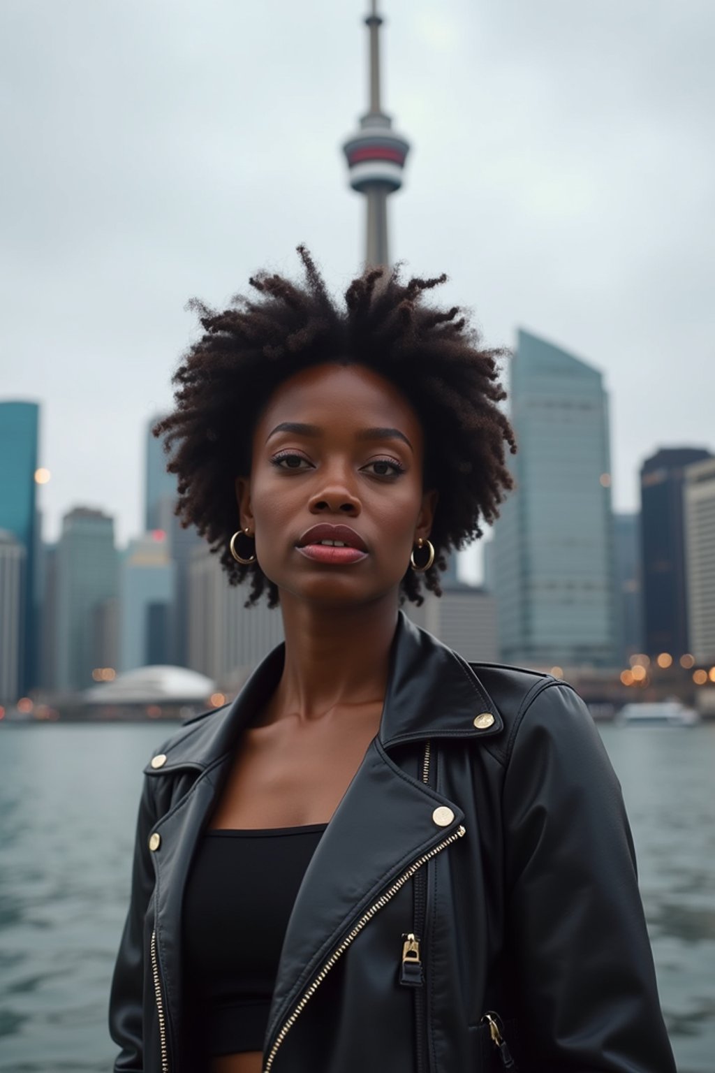 woman in Toronto with the CN Tower in the background