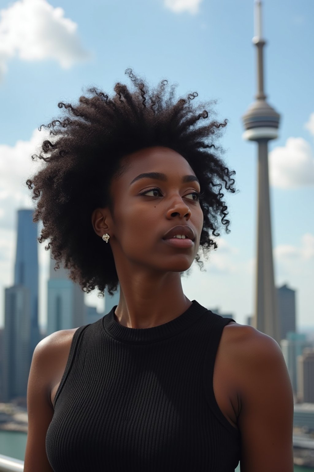 woman in Toronto with the CN Tower in the background