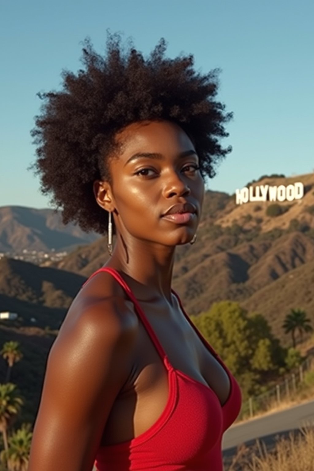 woman in Los Angeles with the Hollywood sign in the background