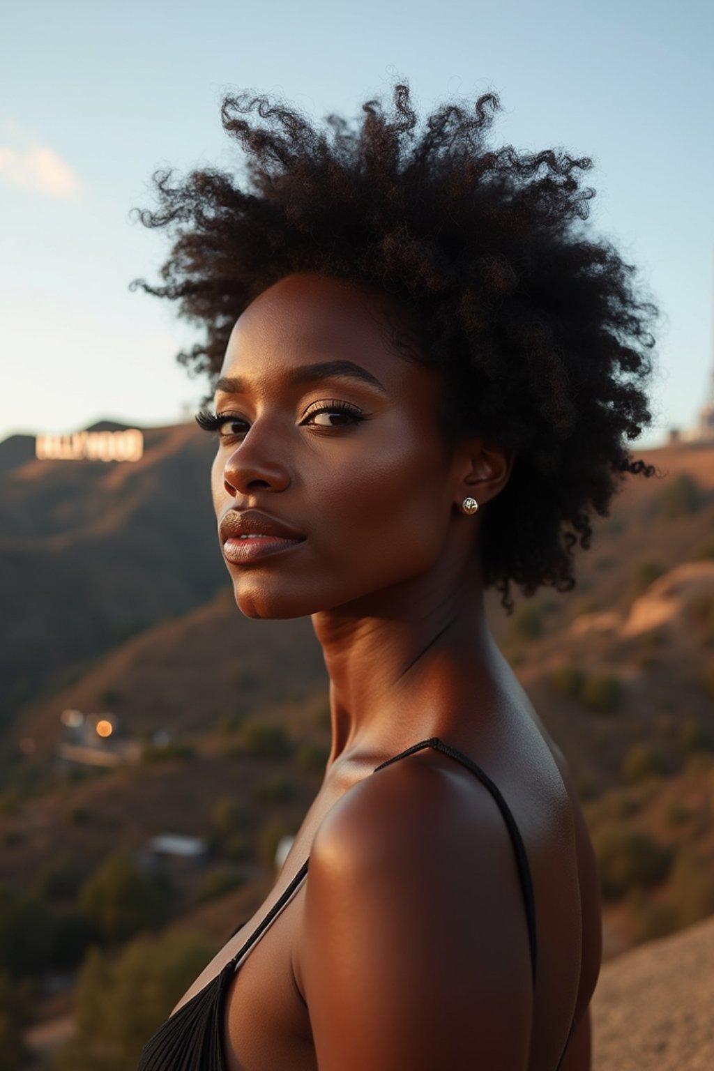 woman in Los Angeles with the Hollywood sign in the background