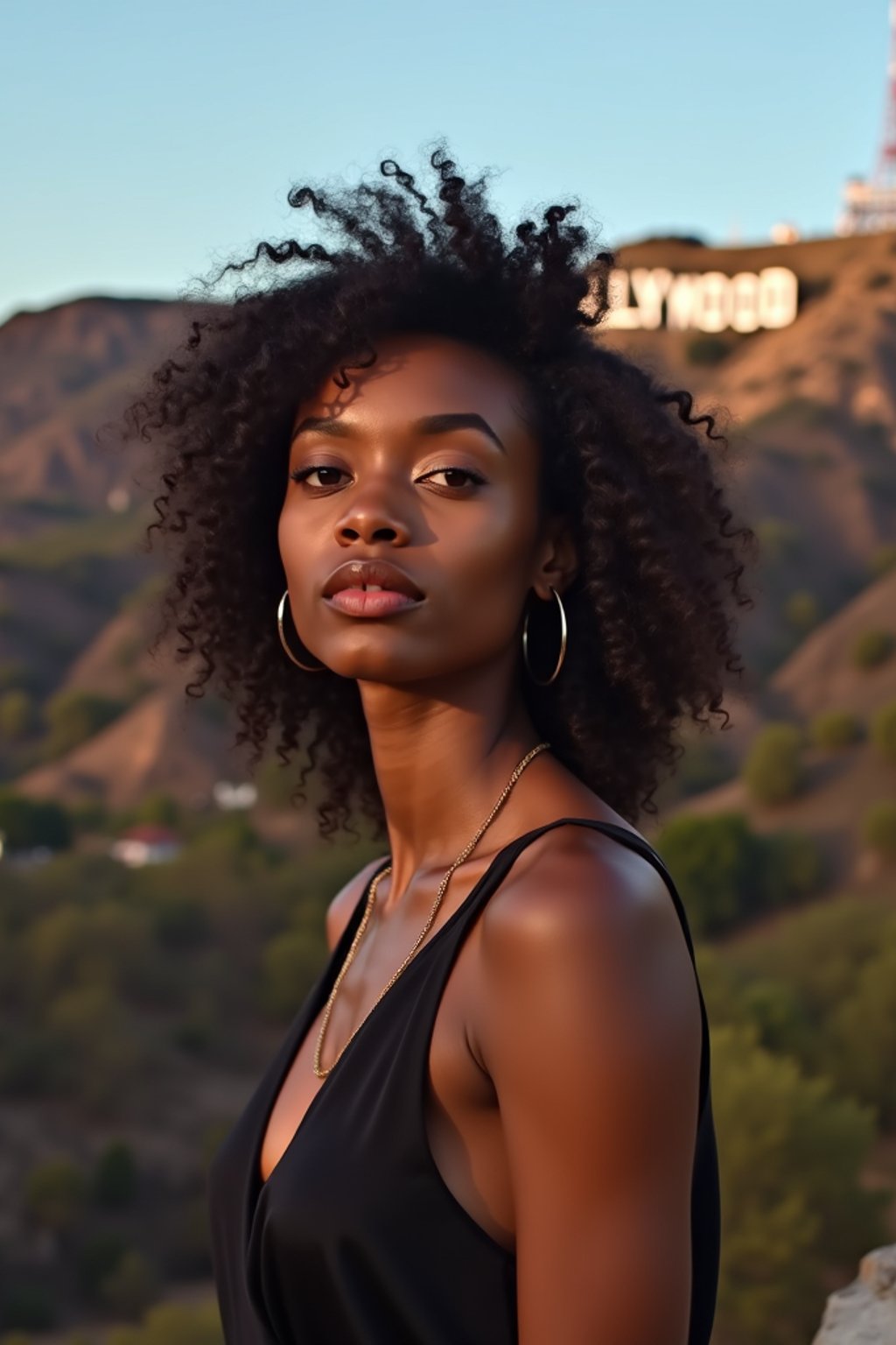 woman in Los Angeles with the Hollywood sign in the background