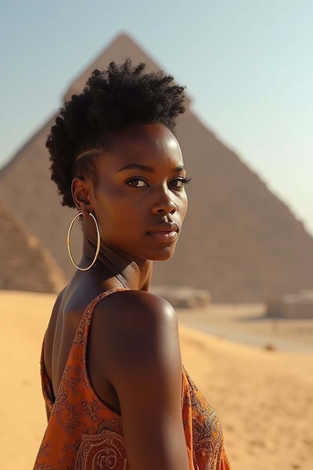 woman in Cairo with the Pyramids of Giza in the background