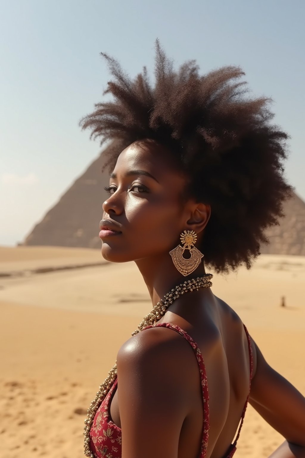 woman in Cairo with the Pyramids of Giza in the background