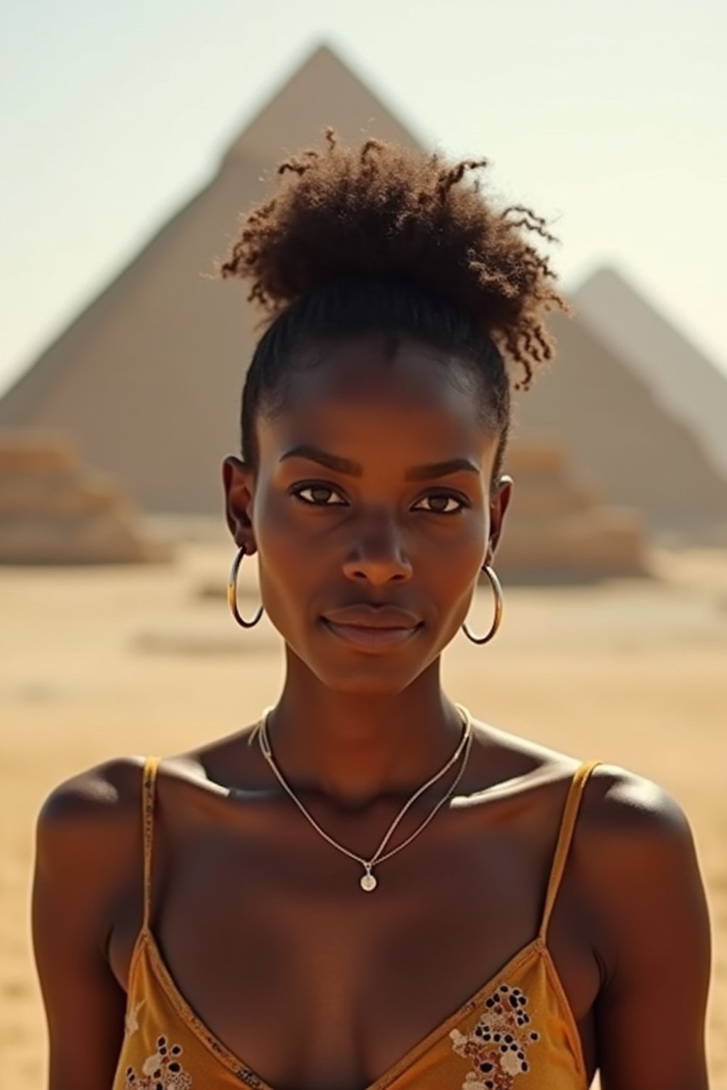 woman in Cairo with the Pyramids of Giza in the background