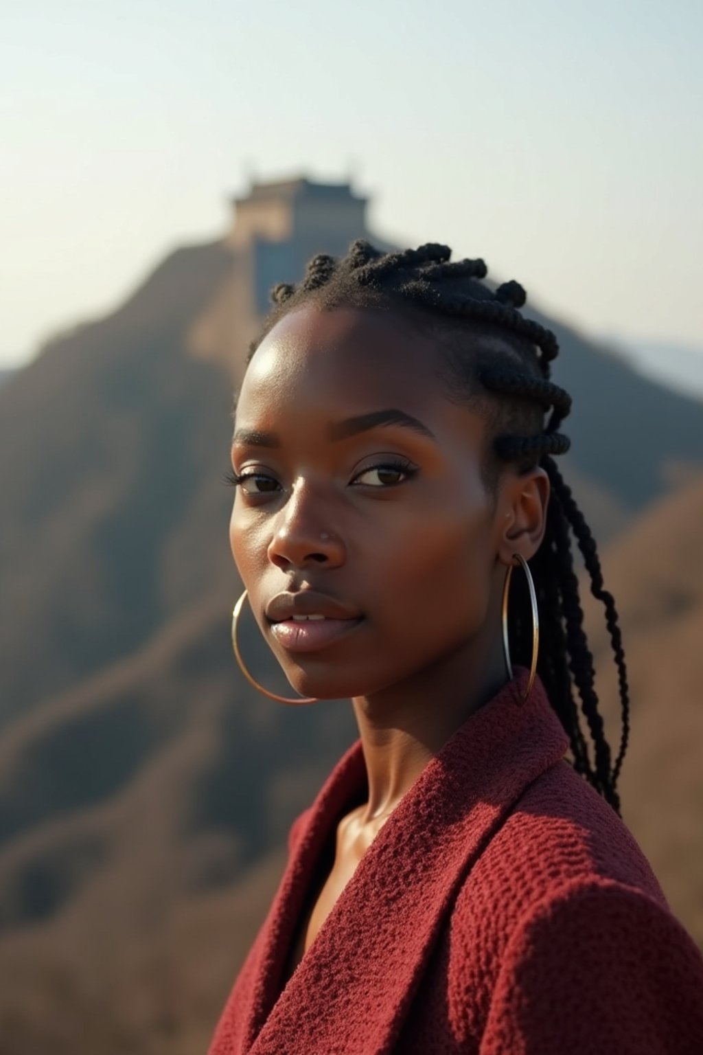 woman in Beijing with the Great Wall in the background