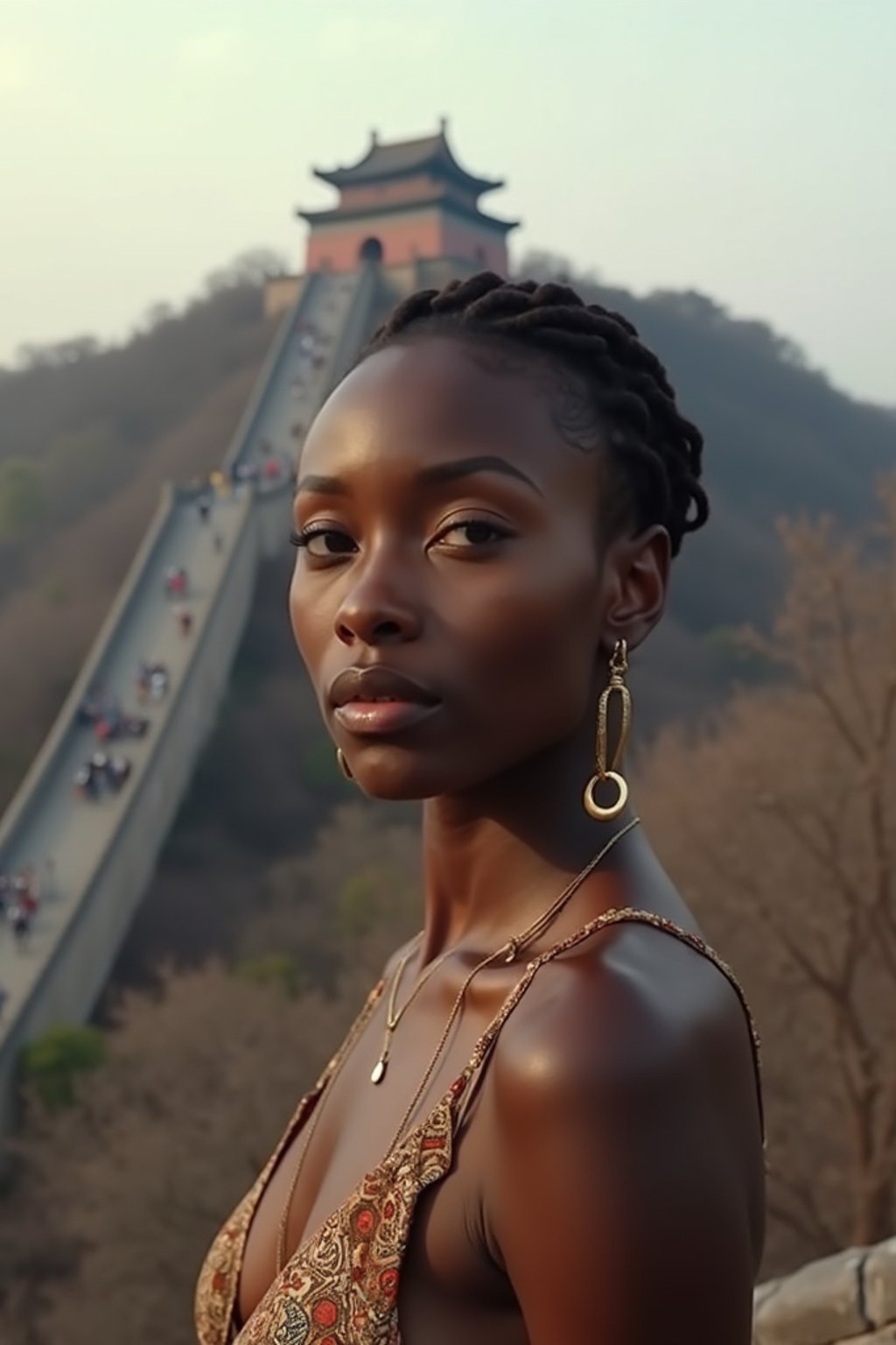 woman in Beijing with the Great Wall in the background