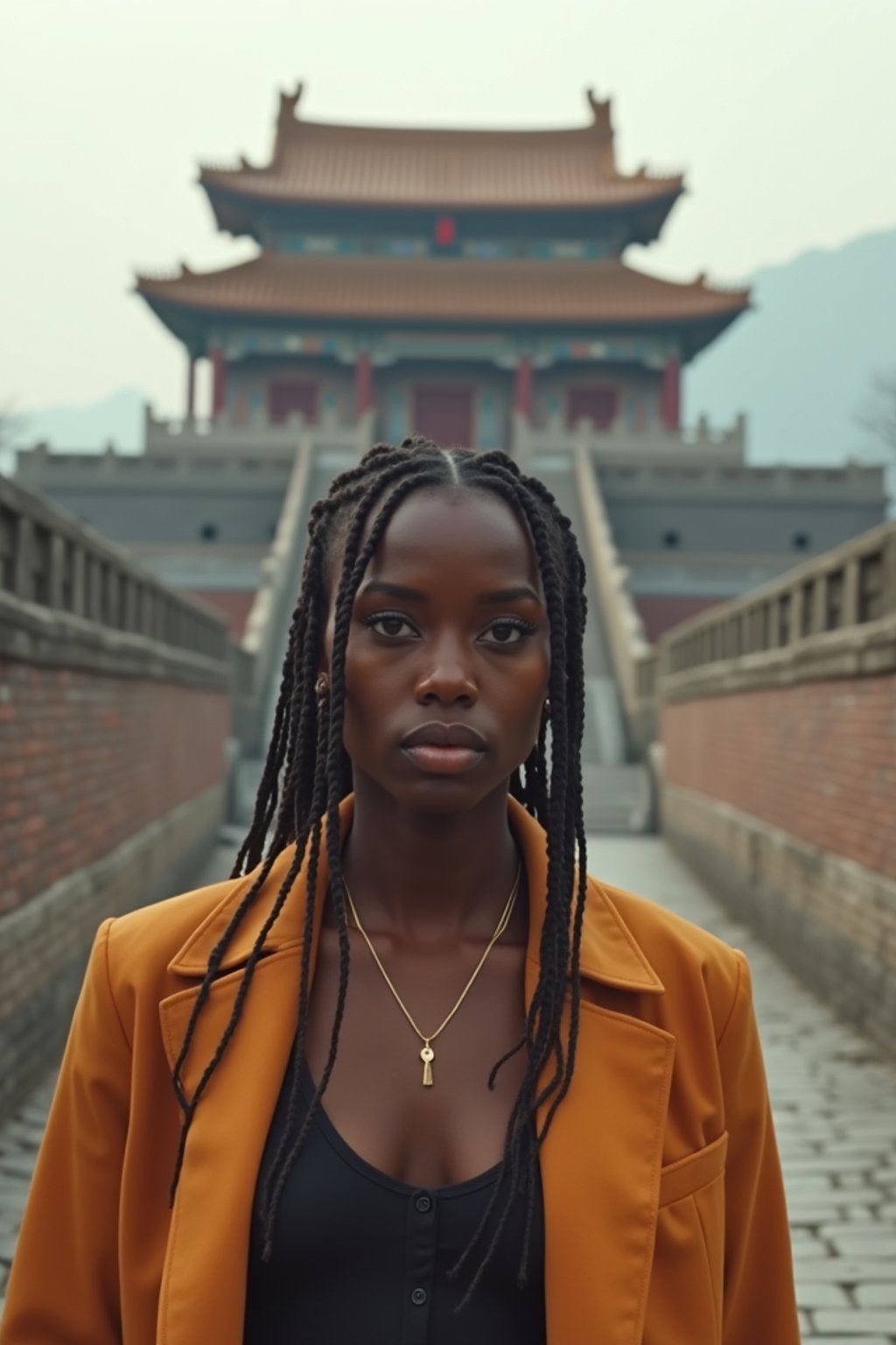 woman in Beijing with the Great Wall in the background