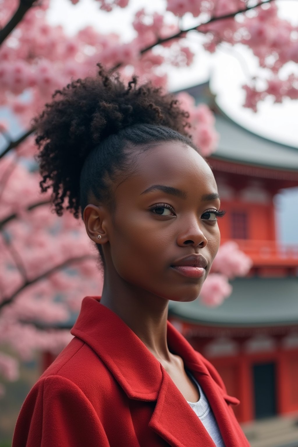 woman in Japan with Japanese Cherry Blossom Trees and Japanese temples in background