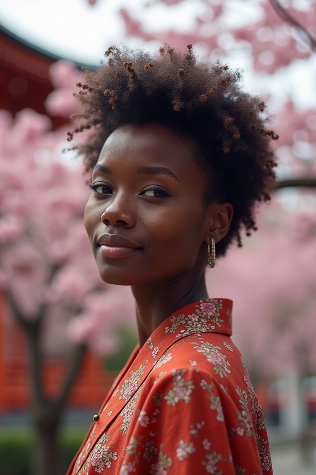 woman in Japan with Japanese Cherry Blossom Trees and Japanese temples in background