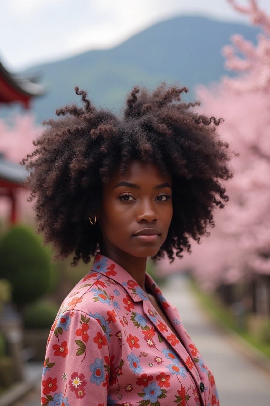 woman in Japan with Japanese Cherry Blossom Trees and Japanese temples in background