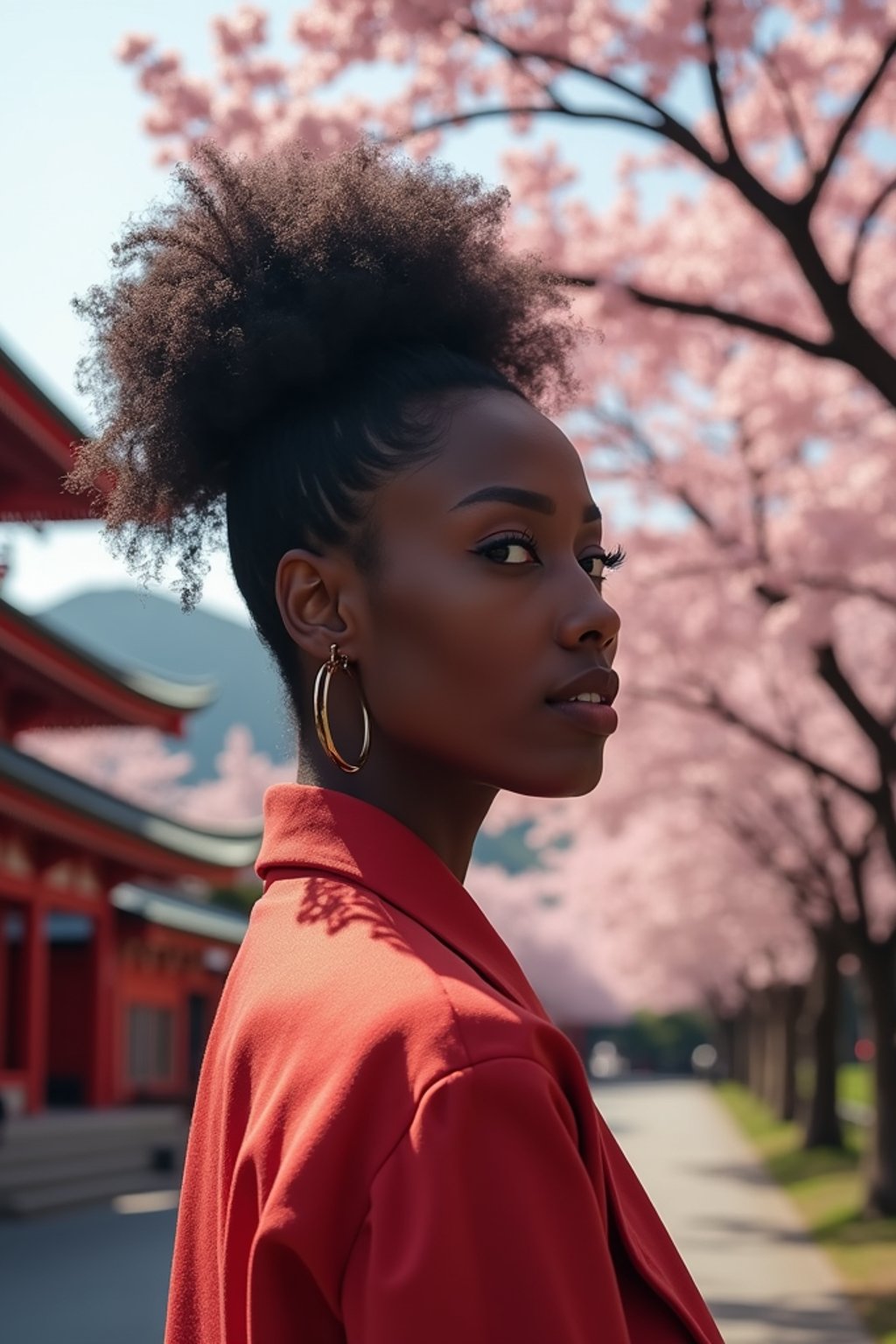 woman in Japan with Japanese Cherry Blossom Trees and Japanese temples in background