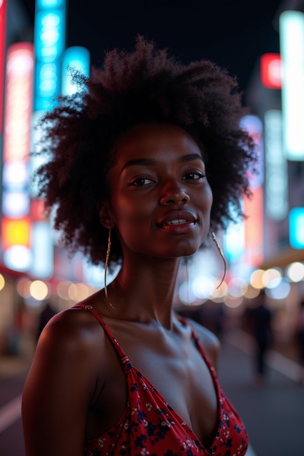 woman in Tokyo at night with neon lights