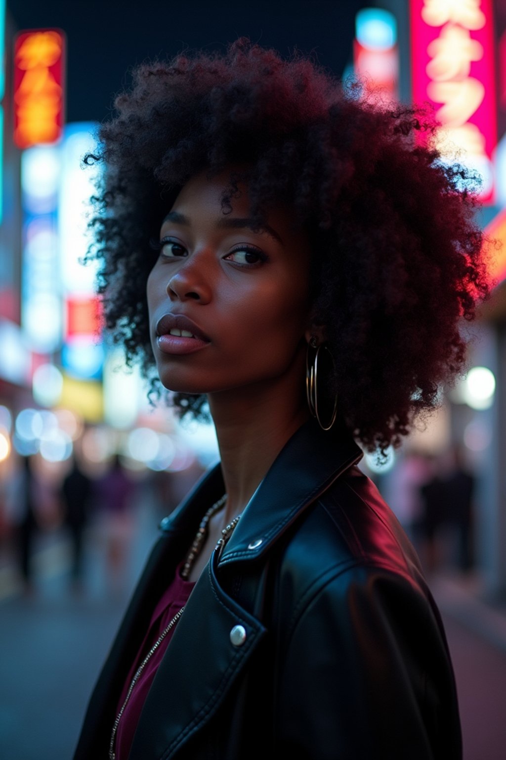 woman in Tokyo at night with neon lights