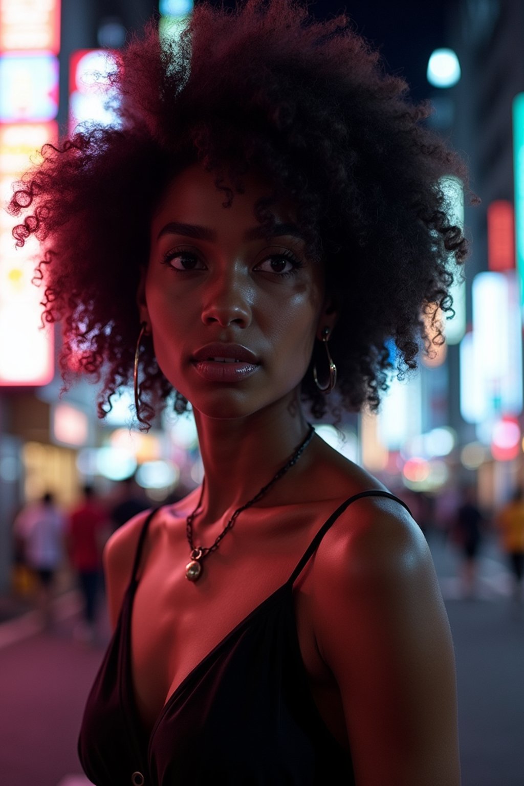 woman in Tokyo at night with neon lights