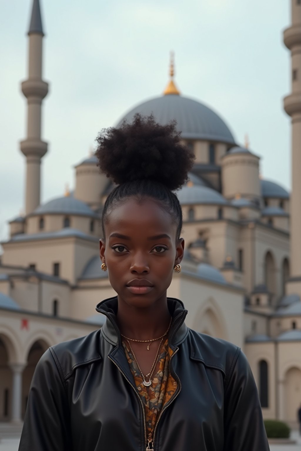 woman in Istanbul with The Mosque in background