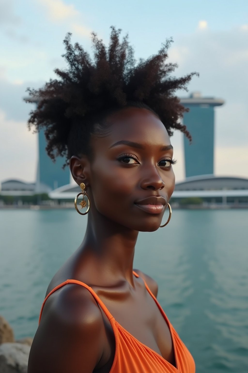 woman in Singapore with Marina Bay Sands in background