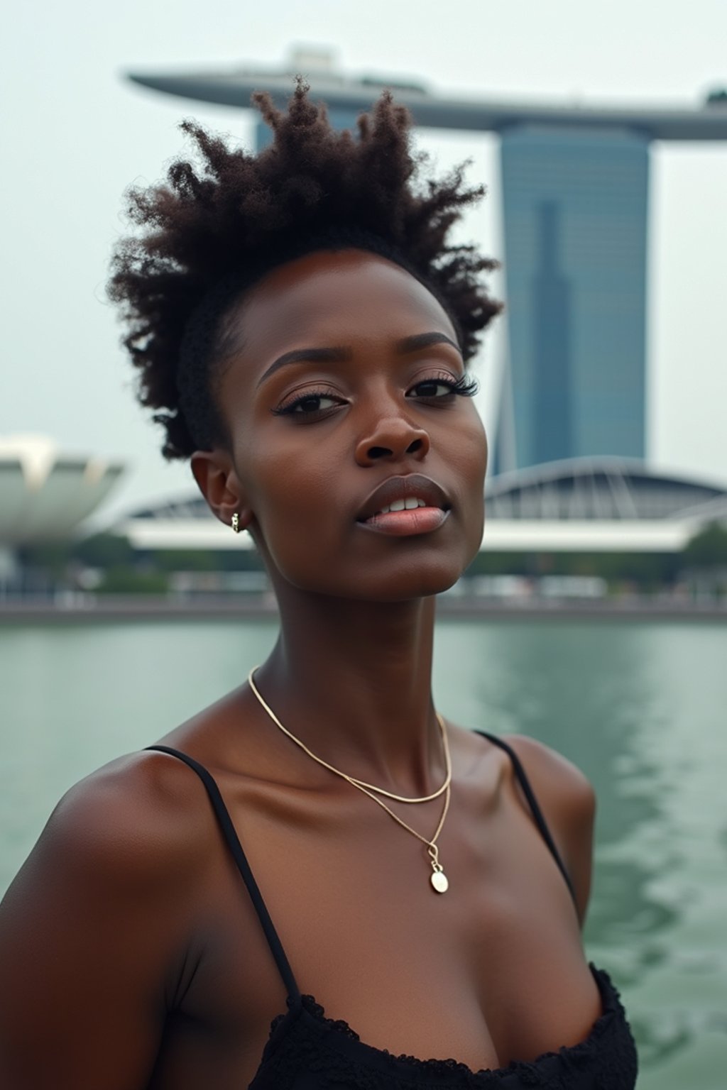 woman in Singapore with Marina Bay Sands in background