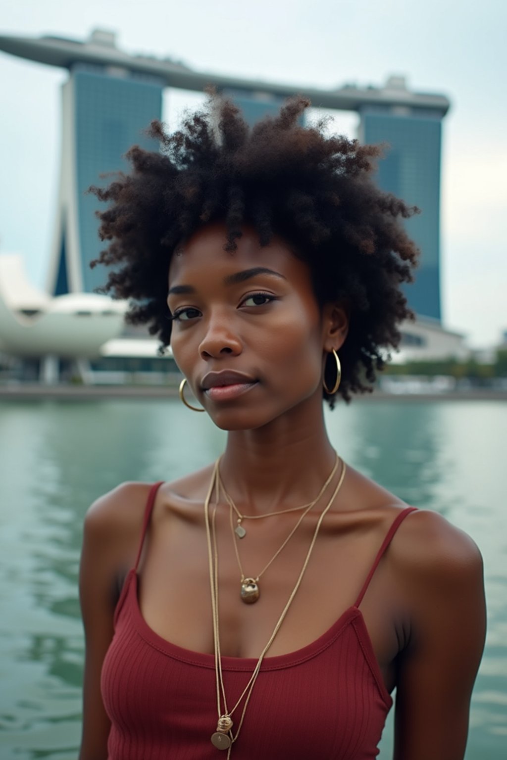 woman in Singapore with Marina Bay Sands in background