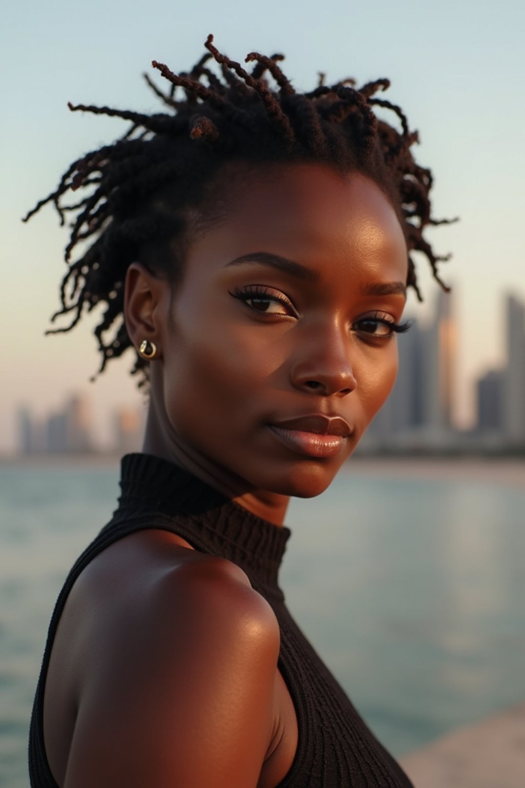 woman in Dubai with skyline in background