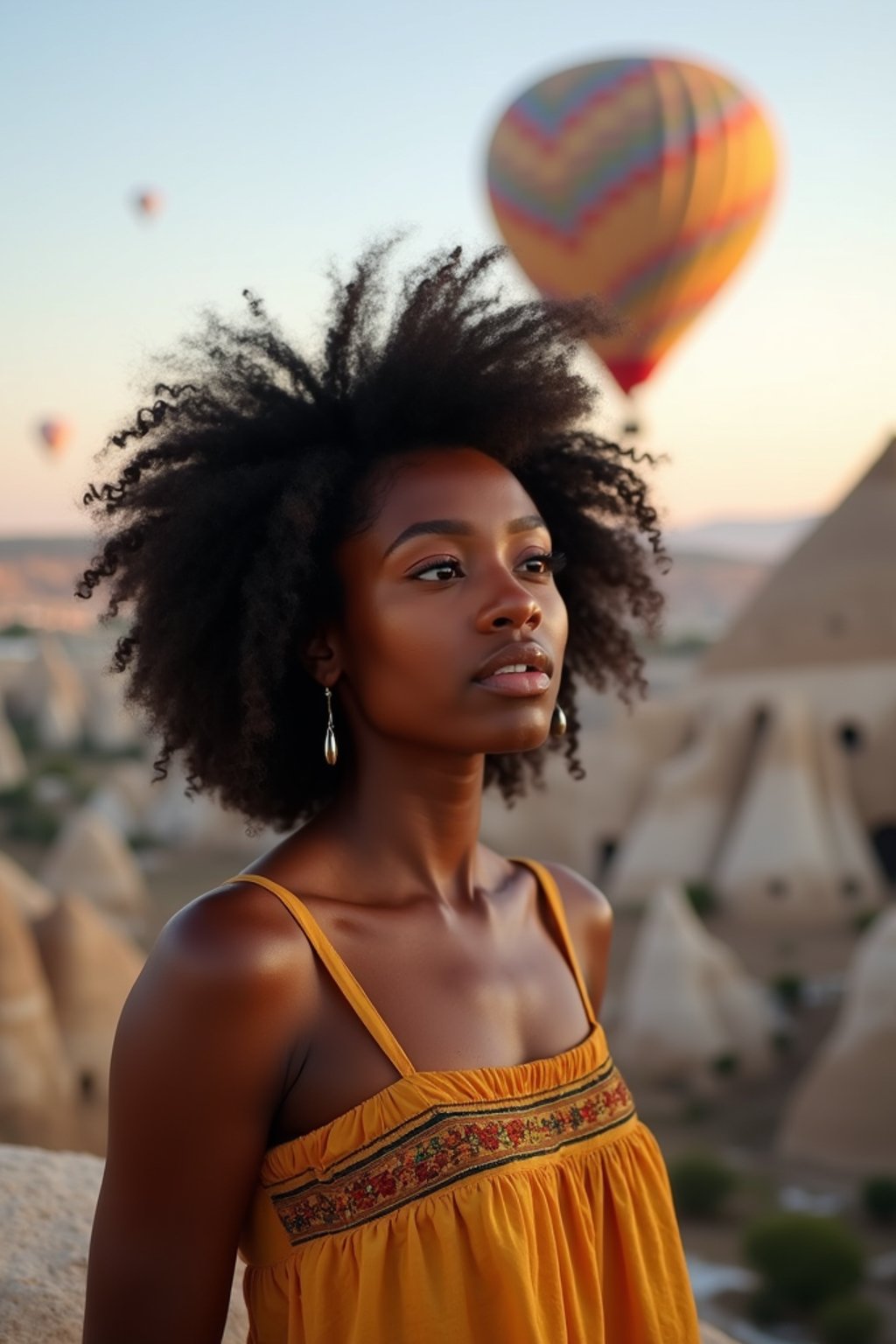 Breathtakingly woman with hot air balloons in the background in cappadocia, Türkiye. Cappadocia, Turkey