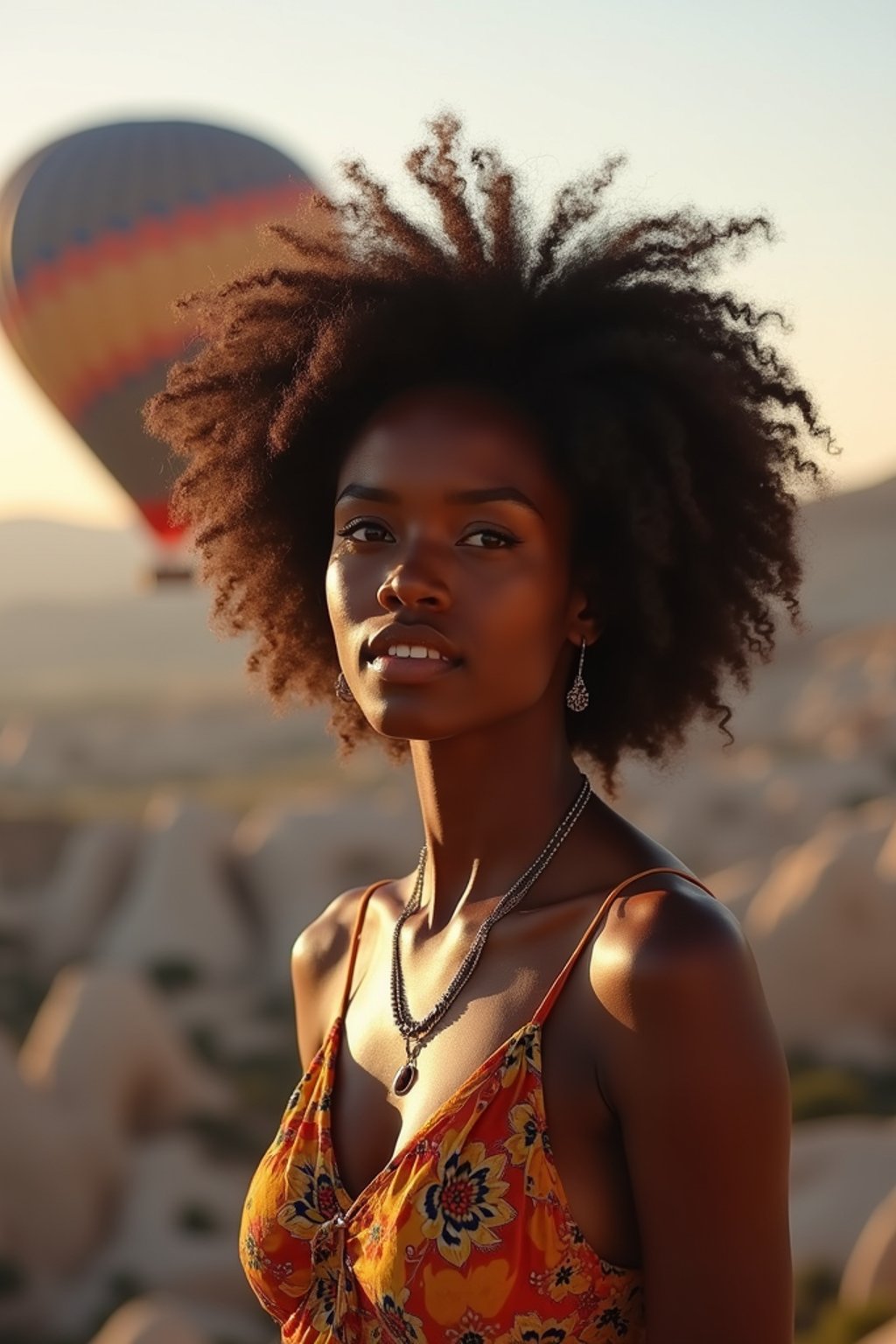 Breathtakingly woman with hot air balloons in the background in cappadocia, Türkiye. Cappadocia, Turkey