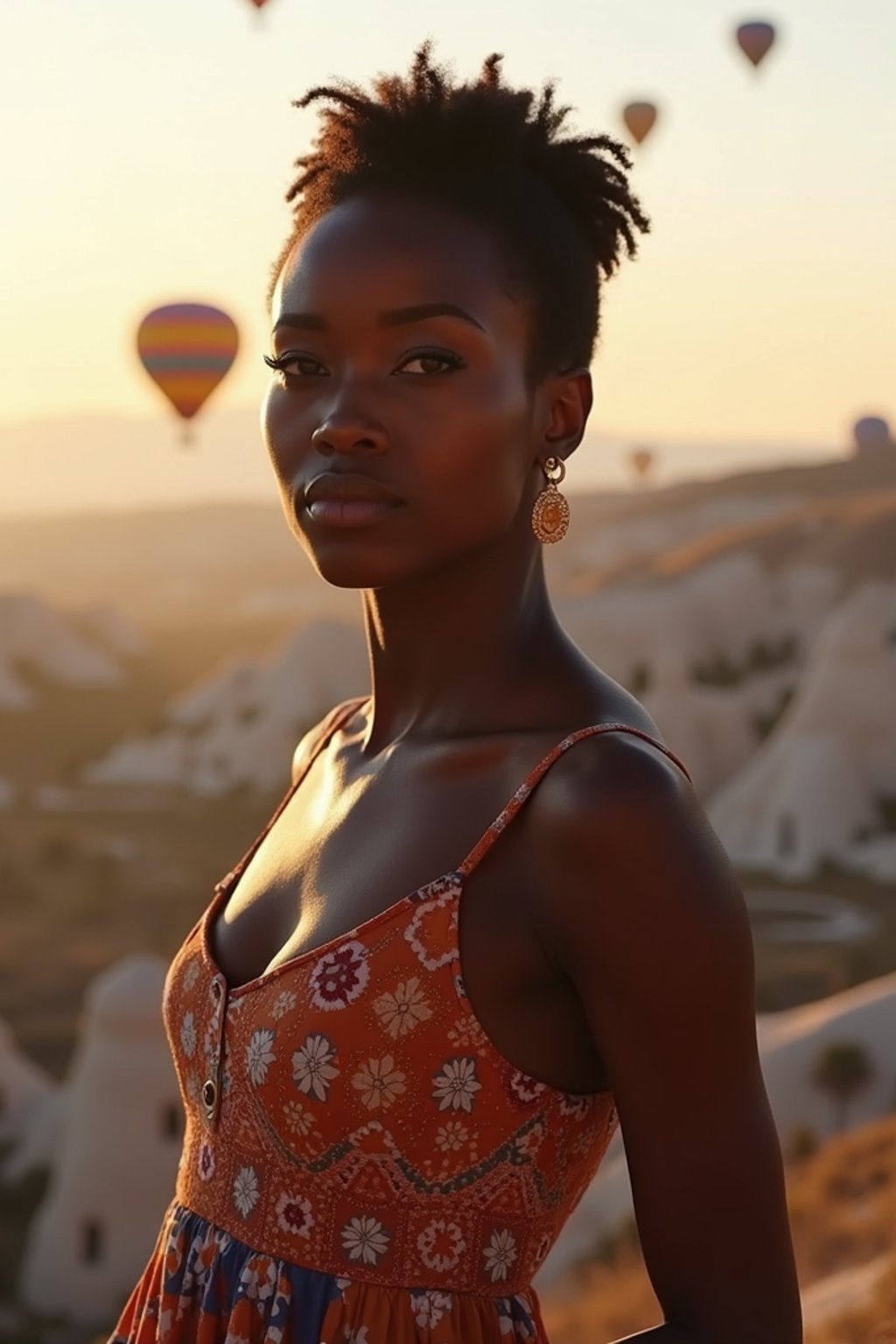 Breathtakingly woman with hot air balloons in the background in cappadocia, Türkiye. Cappadocia, Turkey