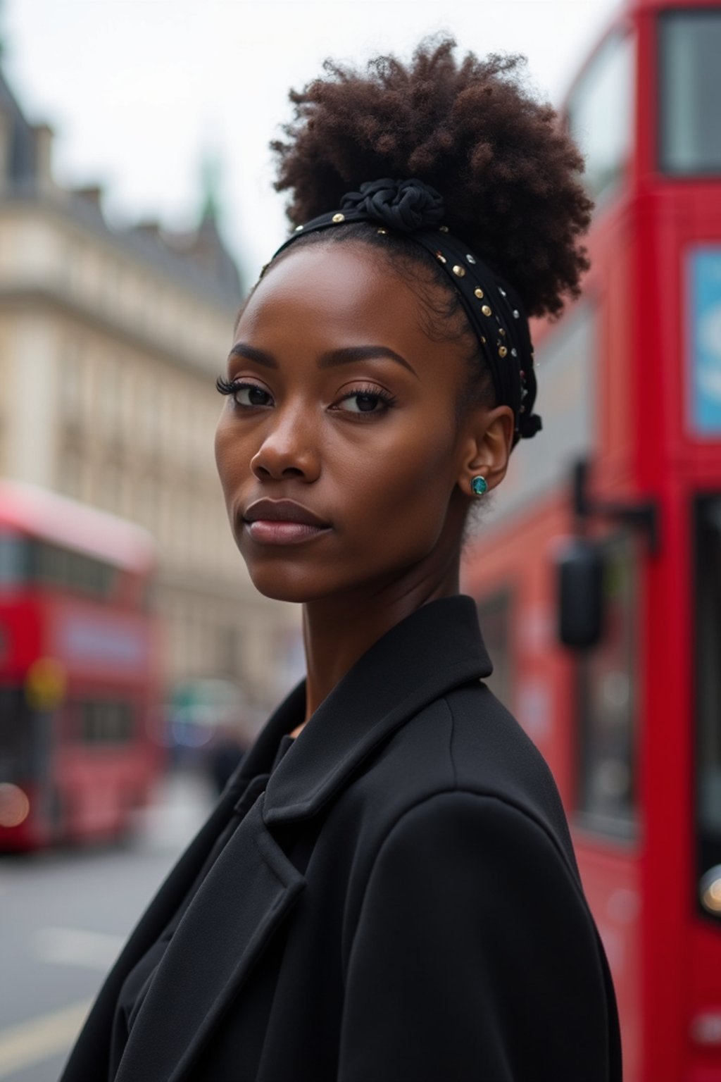 woman in London with Double Decker Bus in background