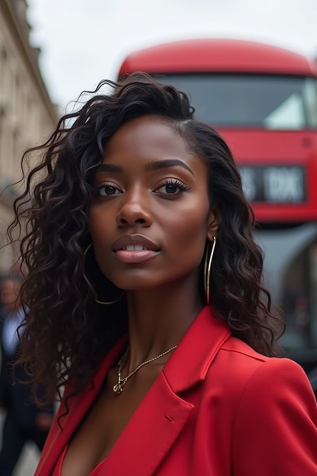 woman in London with Double Decker Bus in background