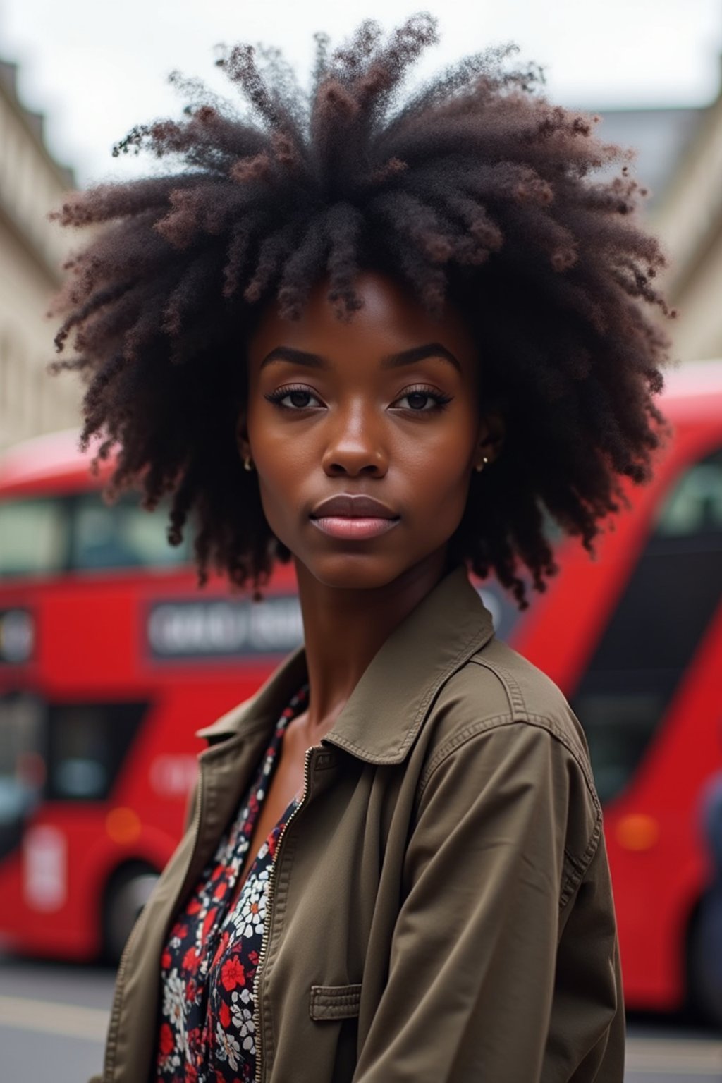 woman in London with Double Decker Bus in background