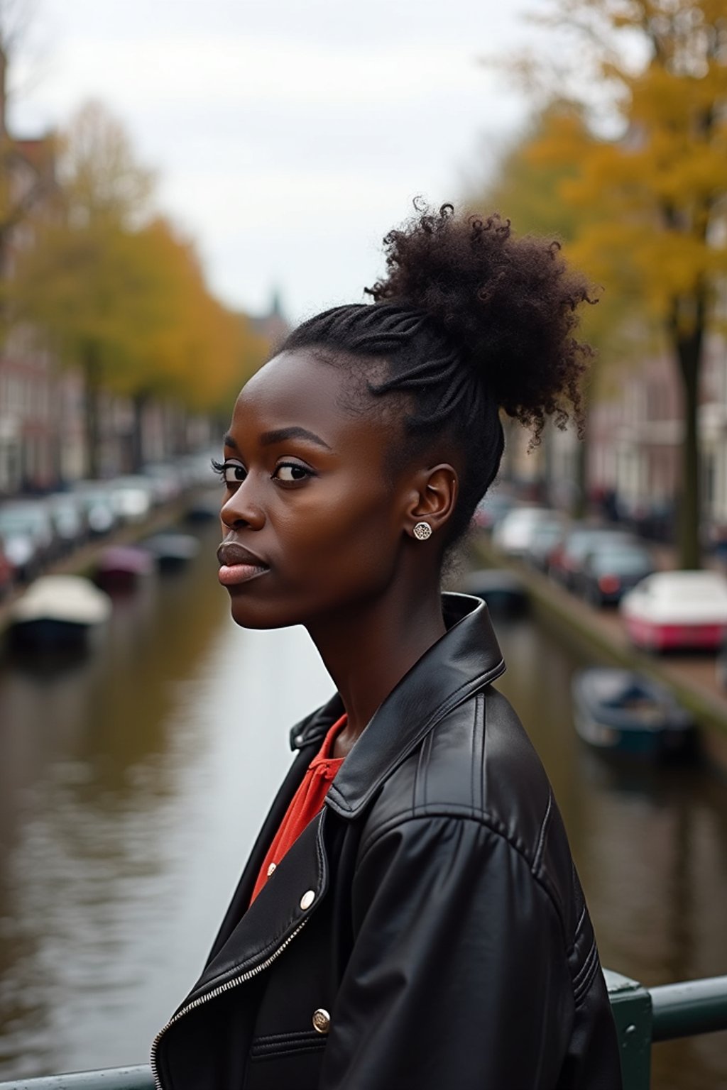 woman in Amsterdam with the Amsterdam Canals in background