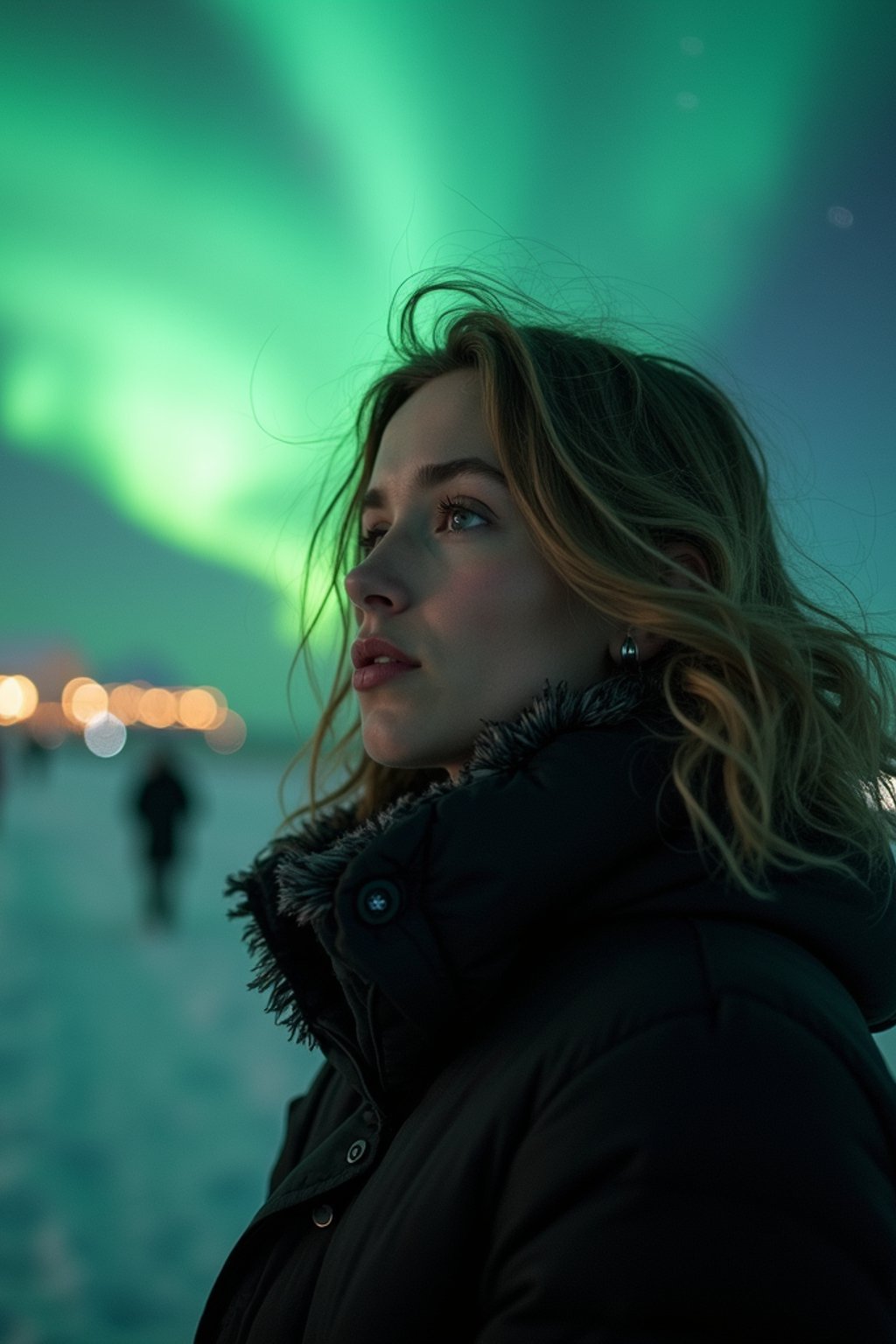 woman in Reykjavik with the Northern Lights in the background