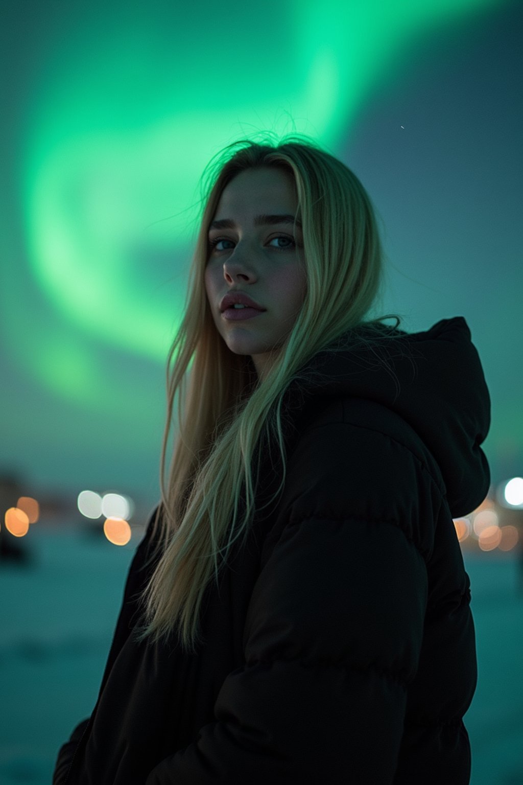 woman in Reykjavik with the Northern Lights in the background