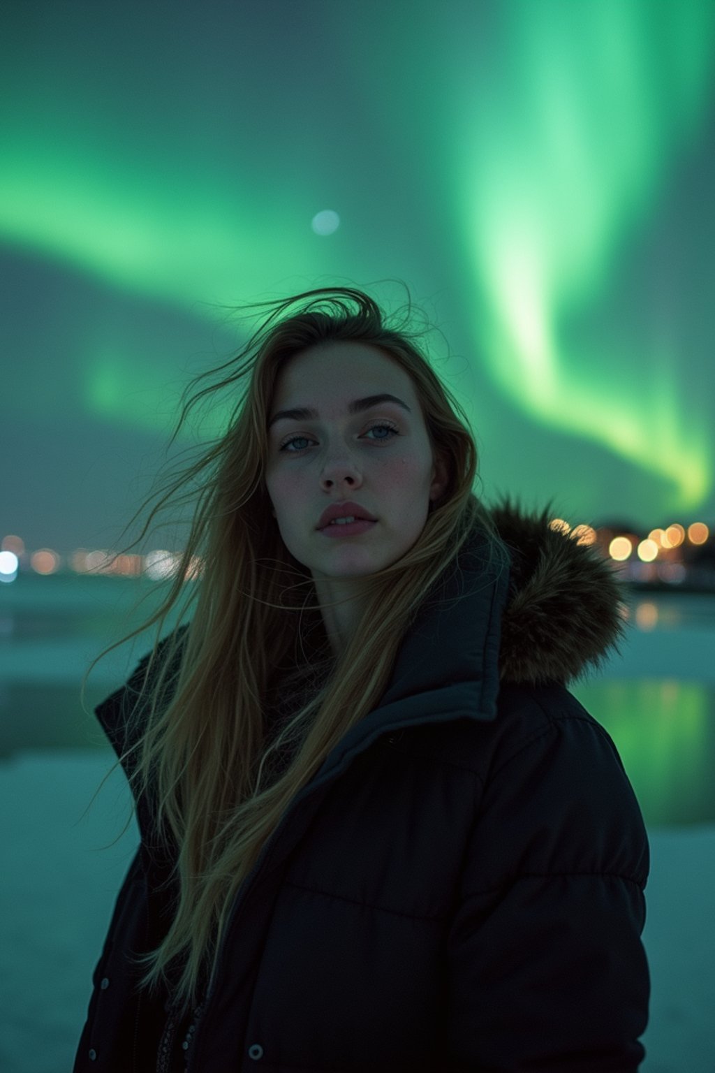 woman in Reykjavik with the Northern Lights in the background